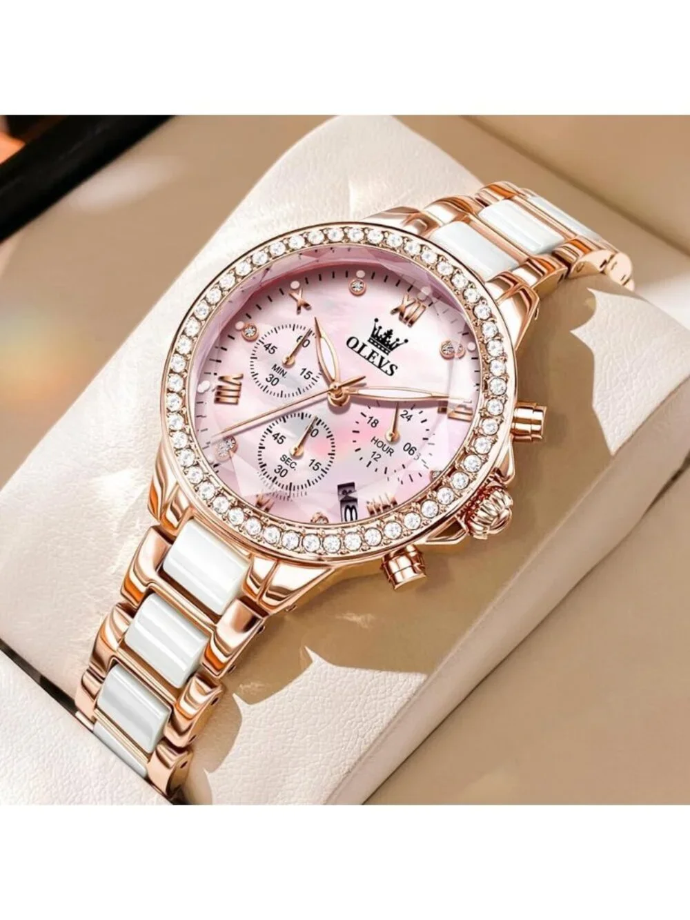 Olevs Women's Pink Skeleton Diamond Rose Gold Automatic Elegant Luxury Watch